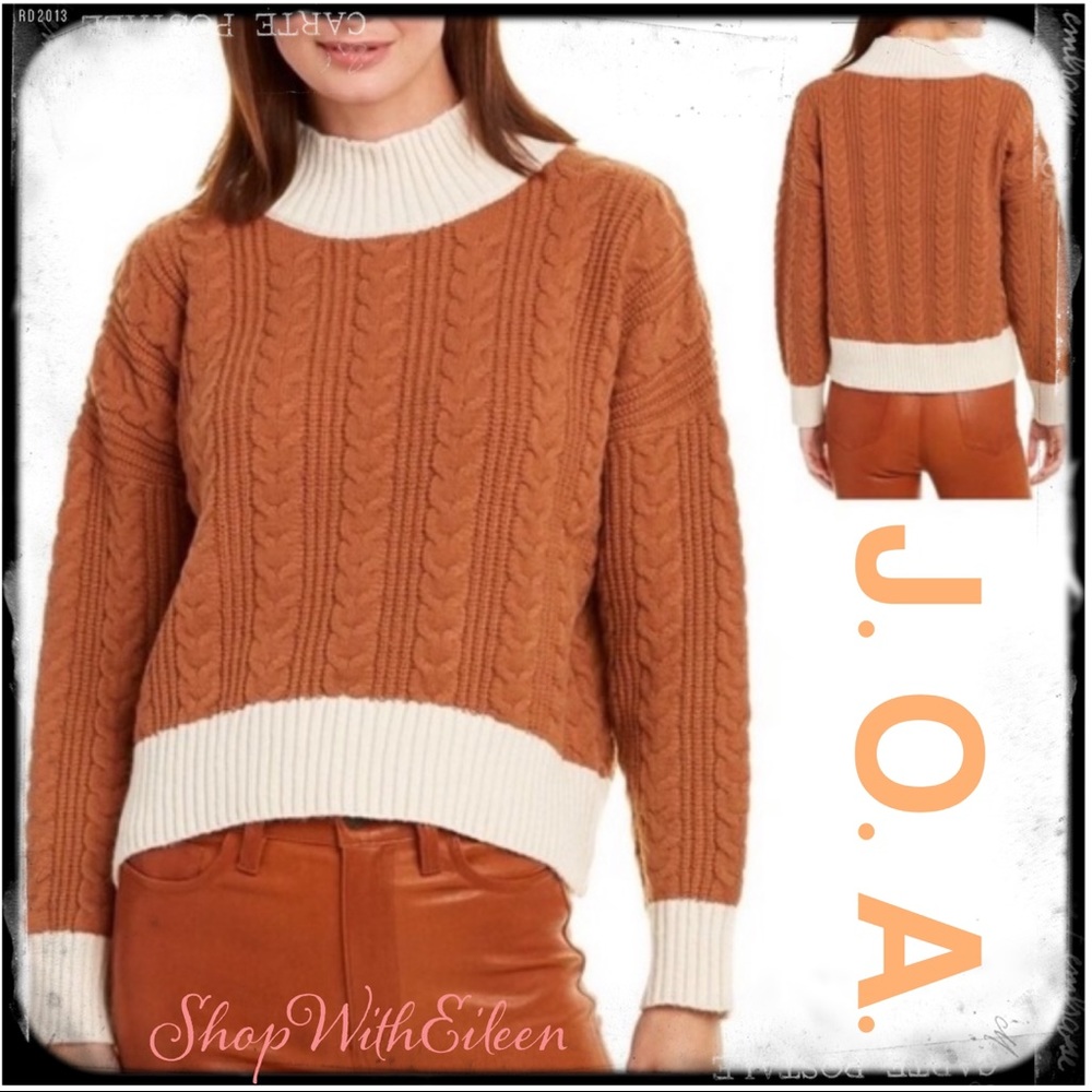J.O.A. Cocoa Brown Cream Mock Neck Sweater NWT